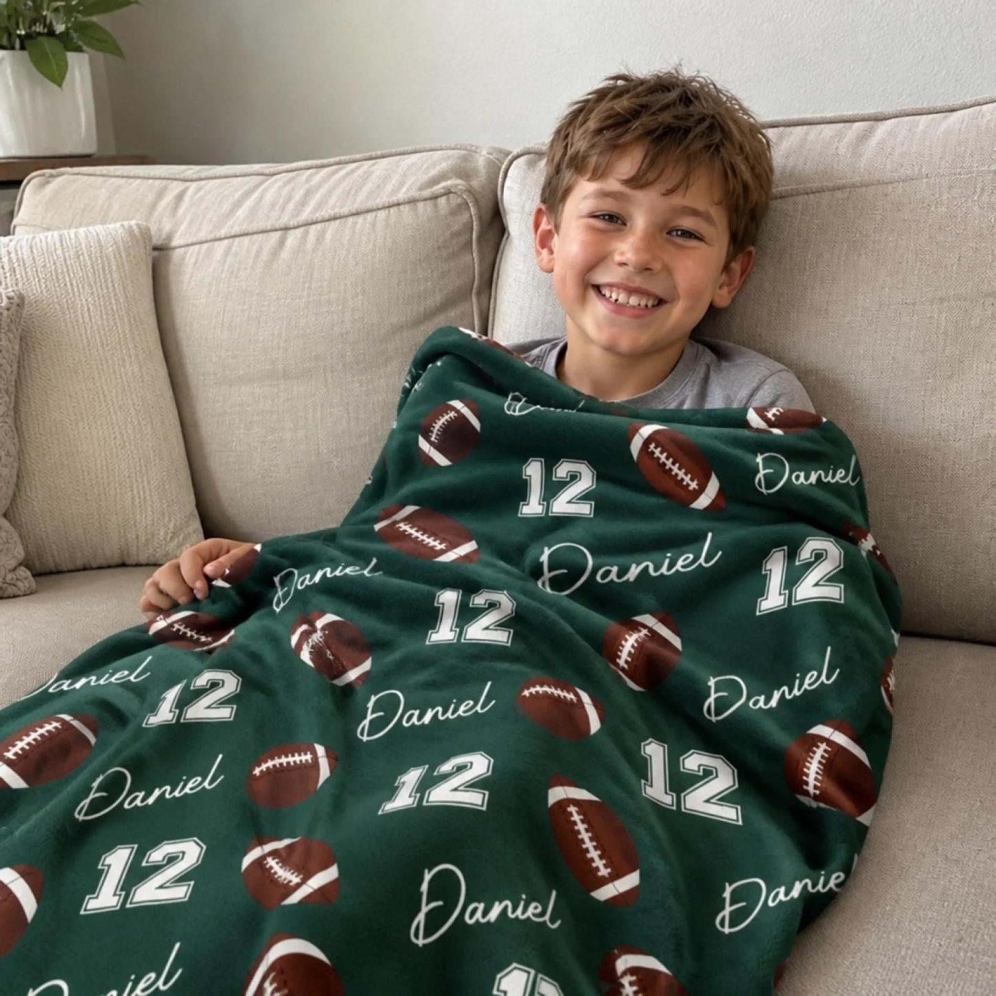 Personalized Sports Blanket for Kids – Birthday Gift with Name & Number, Football Baseball Soccer Basketball Design - MyFaceSocks