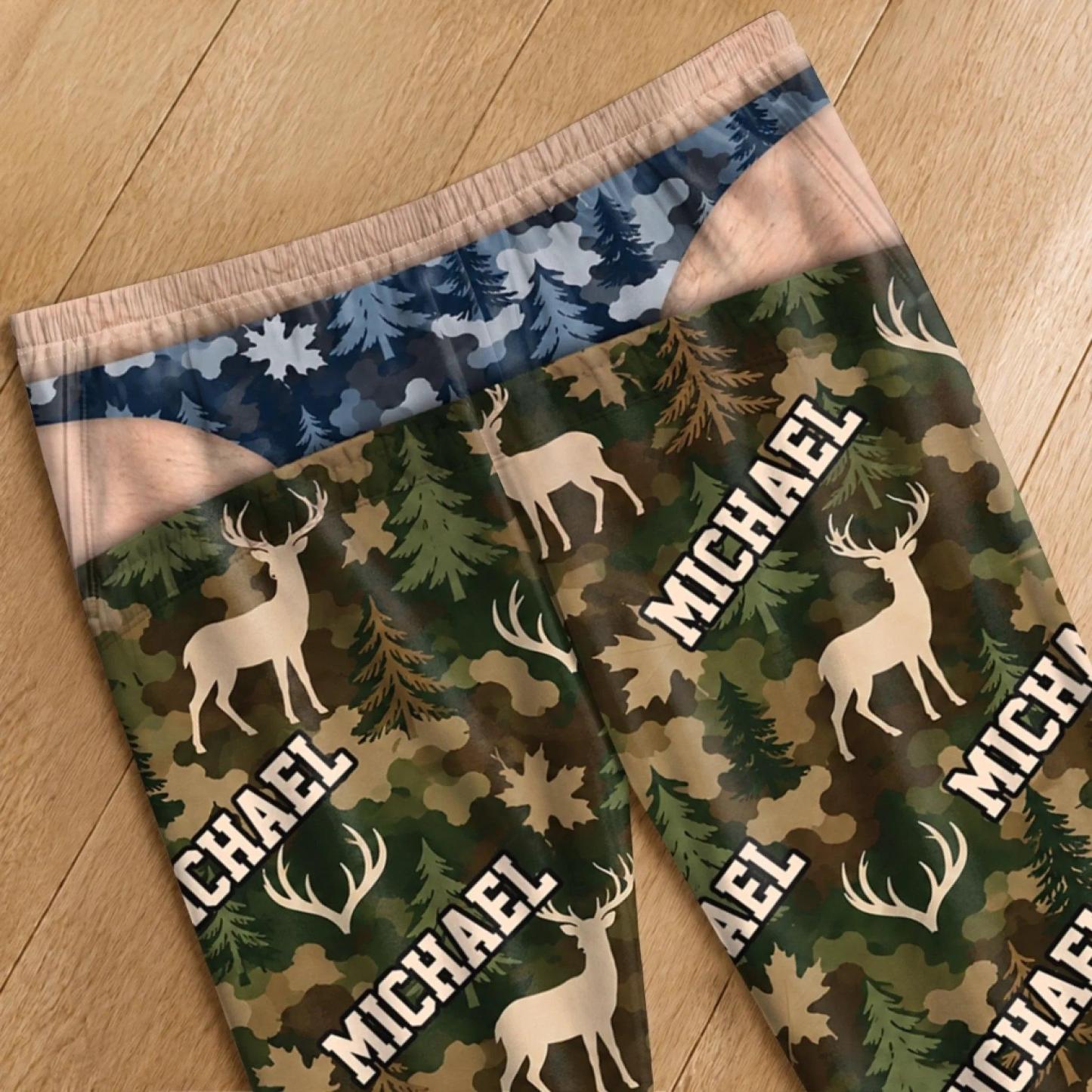 Custom Name Deer Camo Gifts for Men - Personalized Pajama Pants - MyFaceSocks