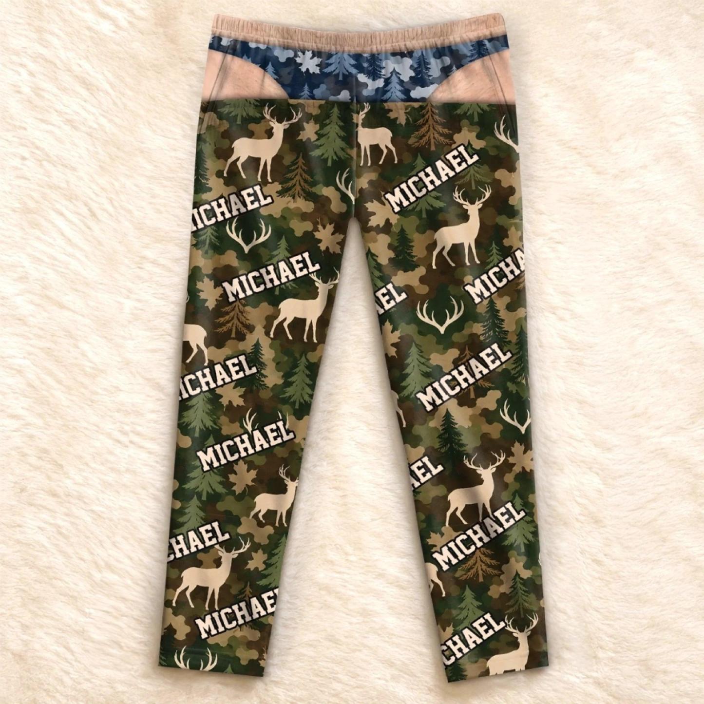 Custom Name Deer Camo Gifts for Men - Personalized Pajama Pants - MyFaceSocks