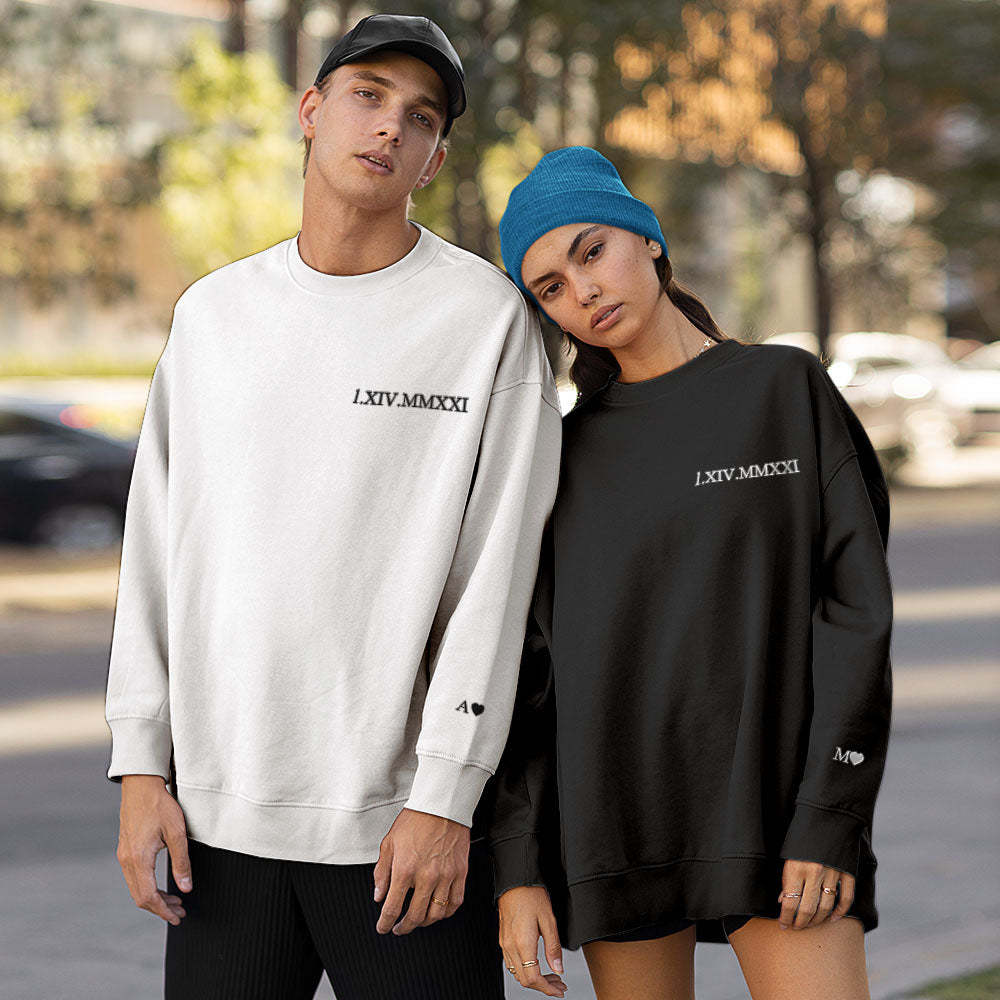 Custom Engraved Hoodie Embroidery Round Neck Roman Numeral Date Couple Gifts - MyFaceSocks