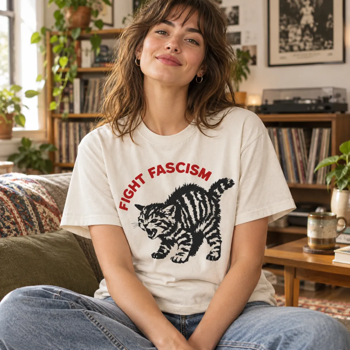 Fight Fascism Tabby Cat T-Shirt – Bold Statement Tee for Activists & Gift Givers This Holiday