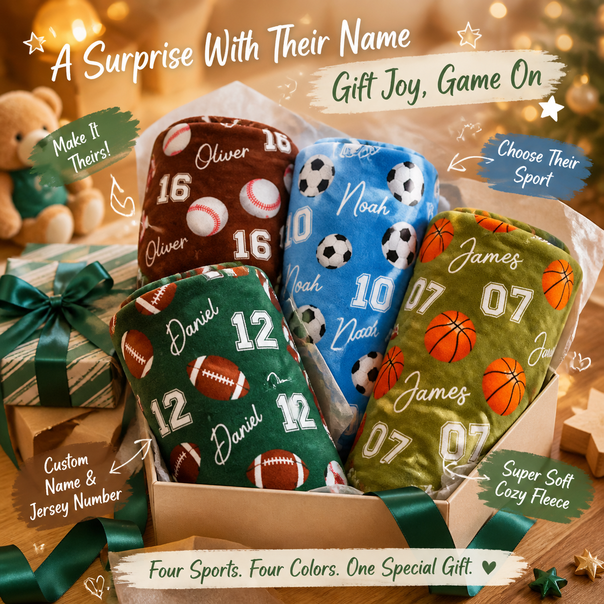 Personalized Sports Blanket for Kids – Birthday Gift with Name & Number, Football Baseball Soccer Basketball Design - MyFaceSocks