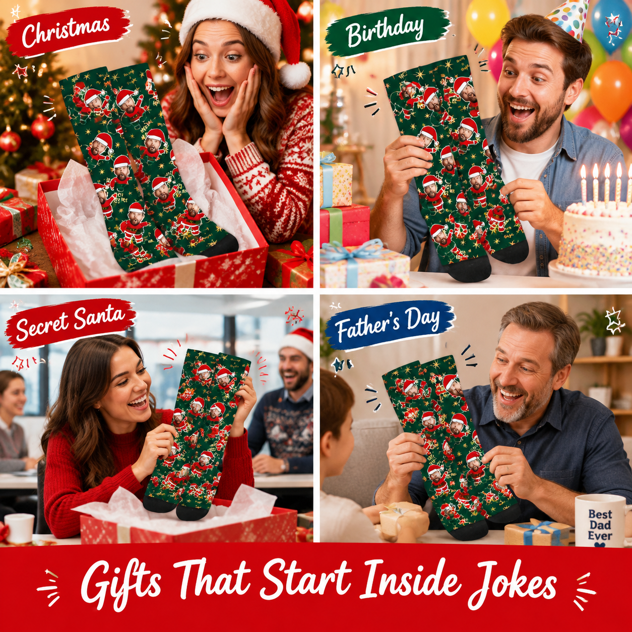 Custom Christmas Socks for Men and Women – Personalized Santa Face Socks Gift for Family, Friends & Holiday Parties - MyFaceSocks