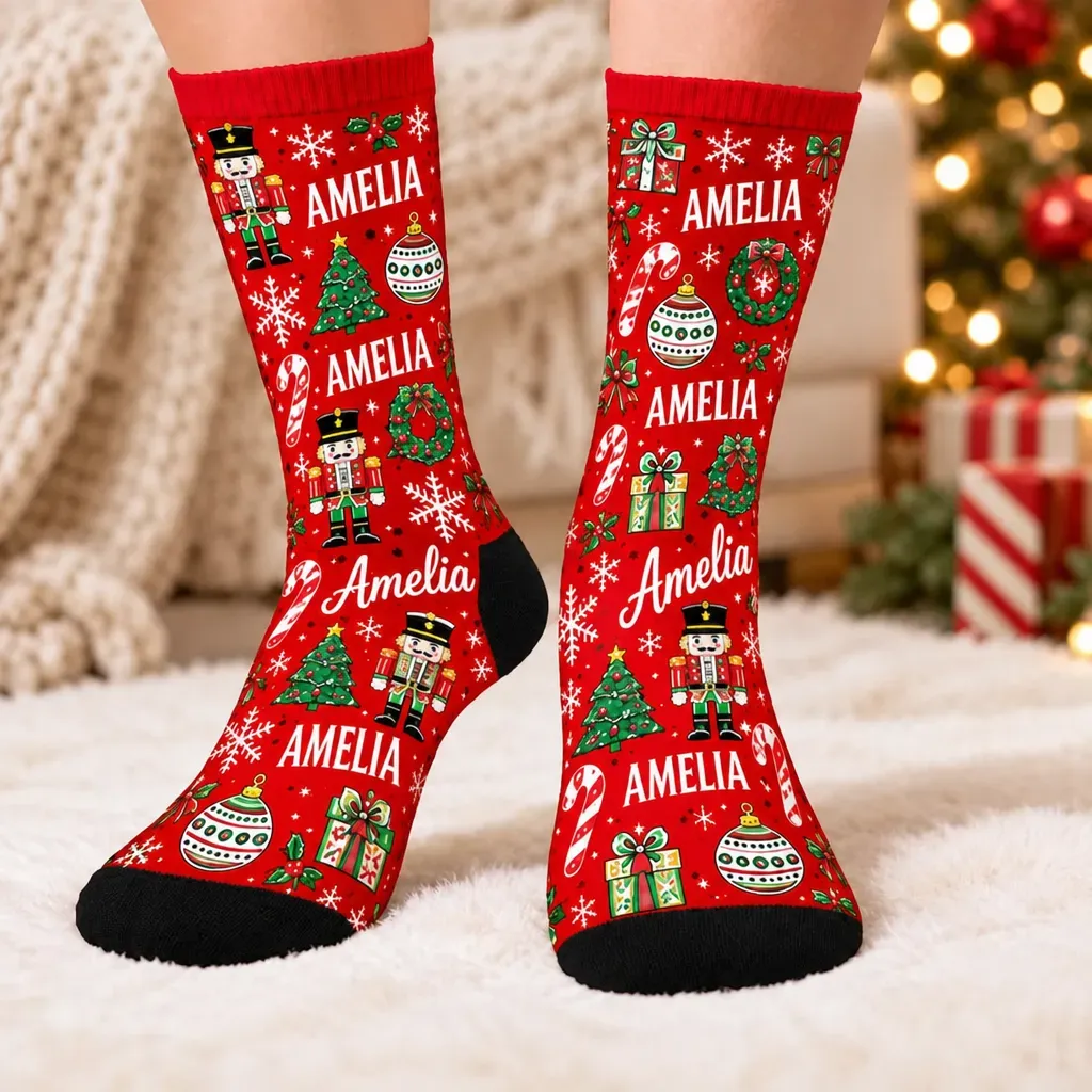 Personalized Christmas Crew Socks for Women & Men – Festive Holiday Gift with Name, Gingerbread & Candy Cane Design - MyFaceSocks