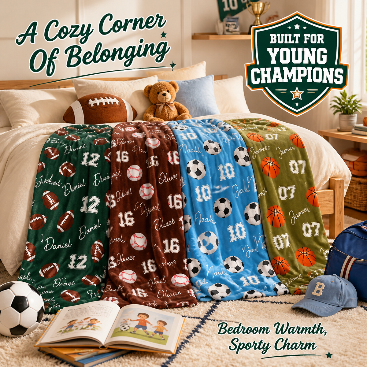 Personalized Sports Blanket for Kids – Birthday Gift with Name & Number, Football Baseball Soccer Basketball Design - MyFaceSocks