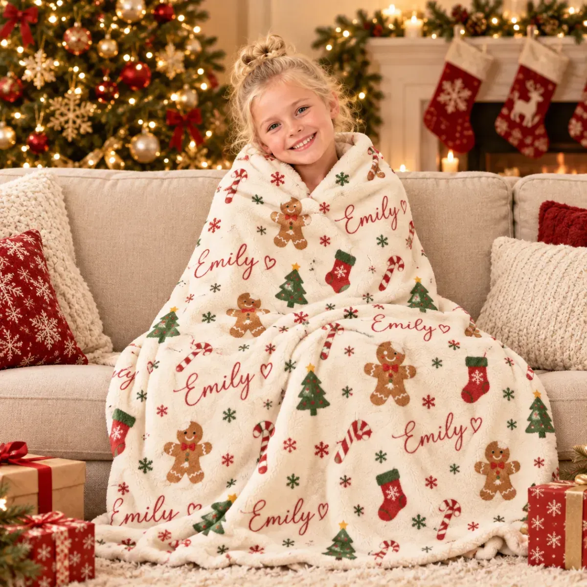 Personalized Christmas Blanket for Kids – Soft Fleece Throw with Snowflake & Candy Cane Pattern, Perfect Holiday Gift - MyFaceSocks