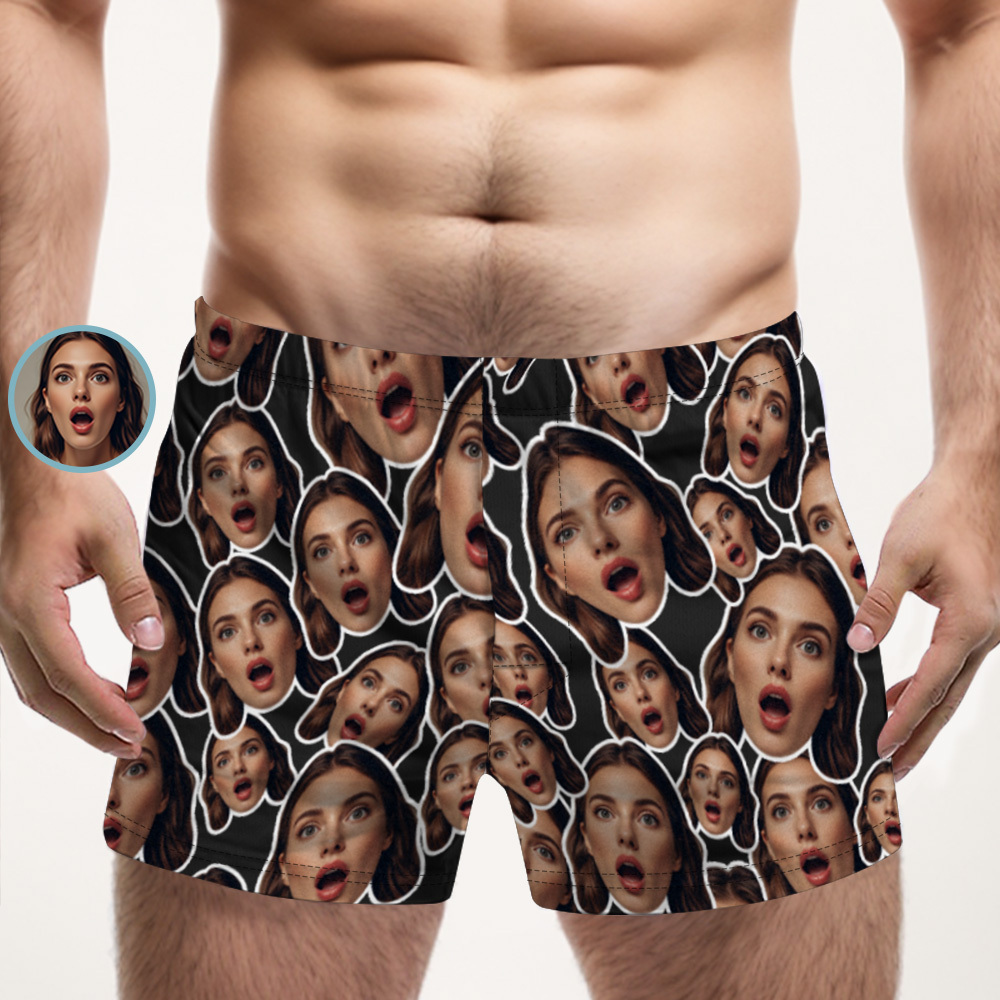Custom Face Mash Blue Boxer Shorts Personalized Waistband Casual Underwear Valentine for Him - MyFaceSocks