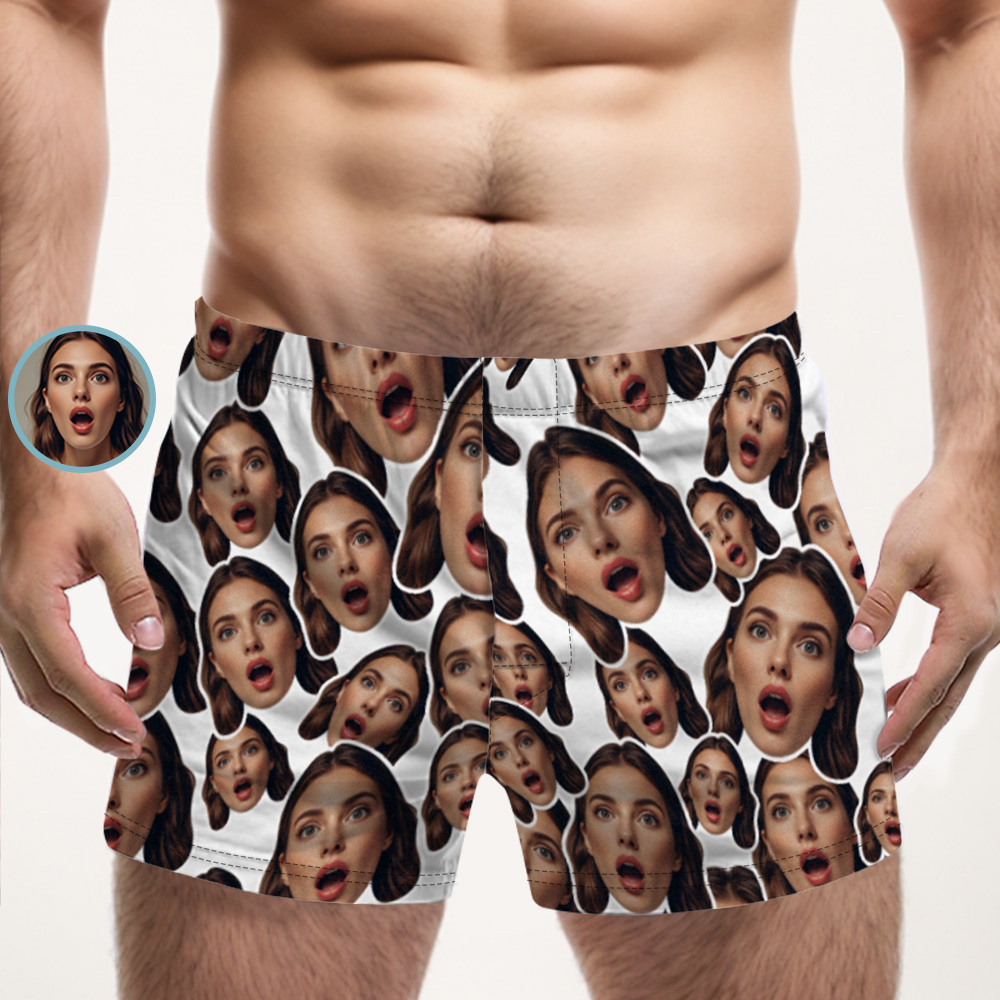 Custom Face Mash Blue Boxer Shorts Personalized Waistband Casual Underwear Valentine for Him - MyFaceSocks