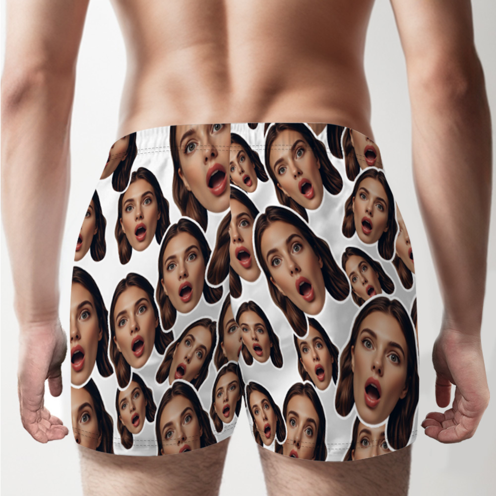 Custom Face Mash Blue Boxer Shorts Personalized Waistband Casual Underwear Valentine for Him - MyFaceSocks