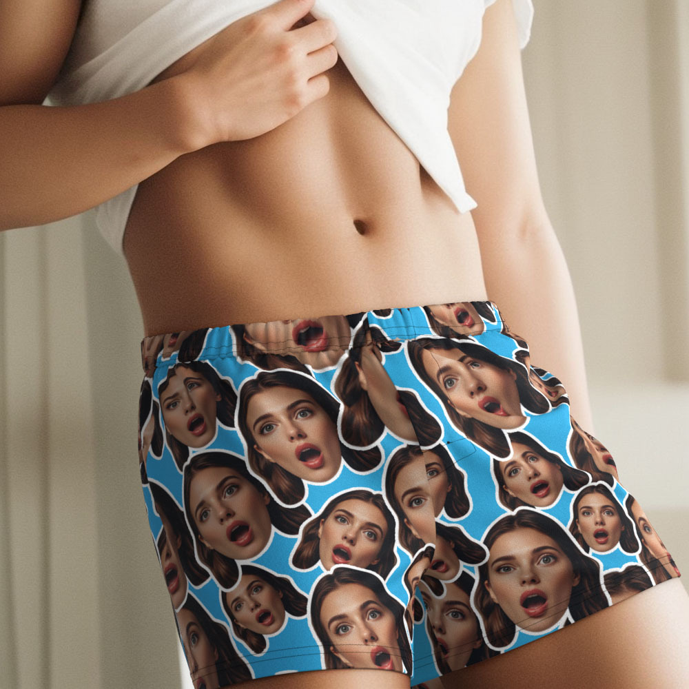 Custom Face Mash Blue Boxer Shorts Personalized Waistband Casual Underwear Valentine for Him - MyFaceSocks