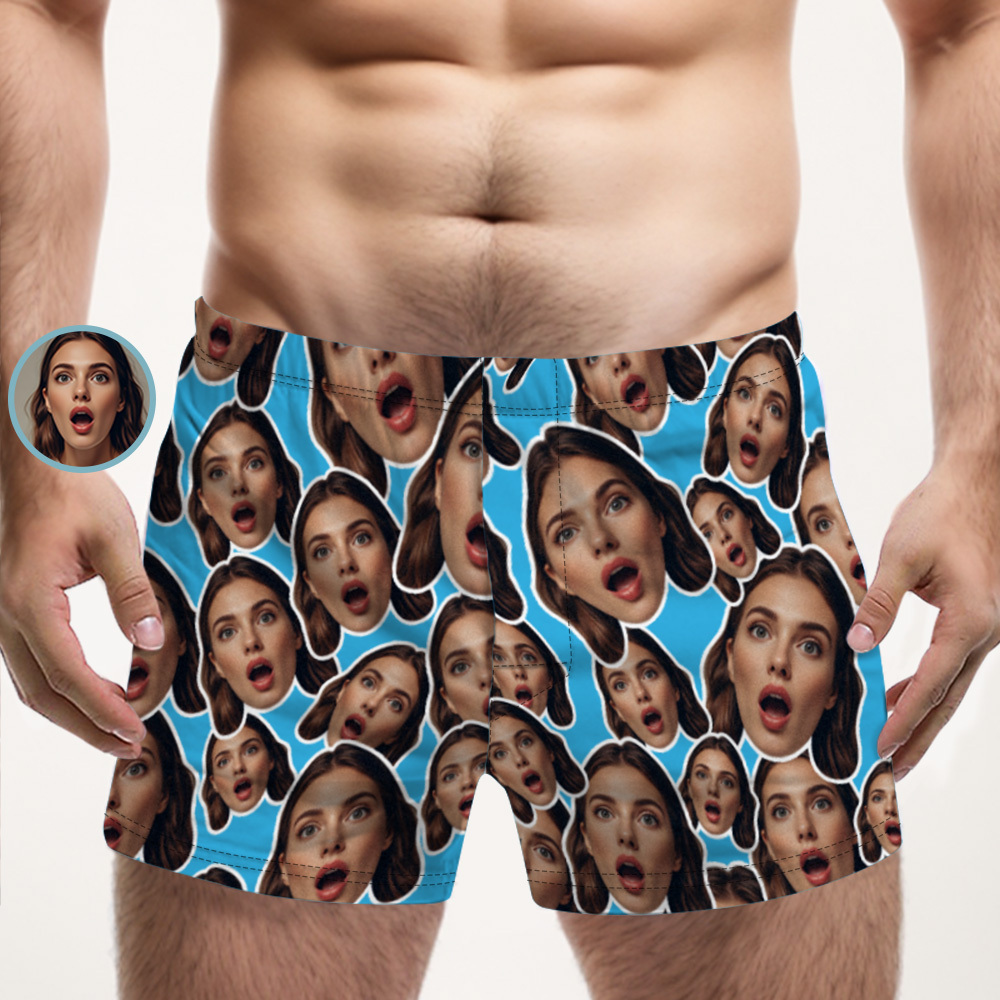 Custom Face Mash Blue Boxer Shorts Personalized Waistband Casual Underwear Valentine for Him - MyFaceSocks