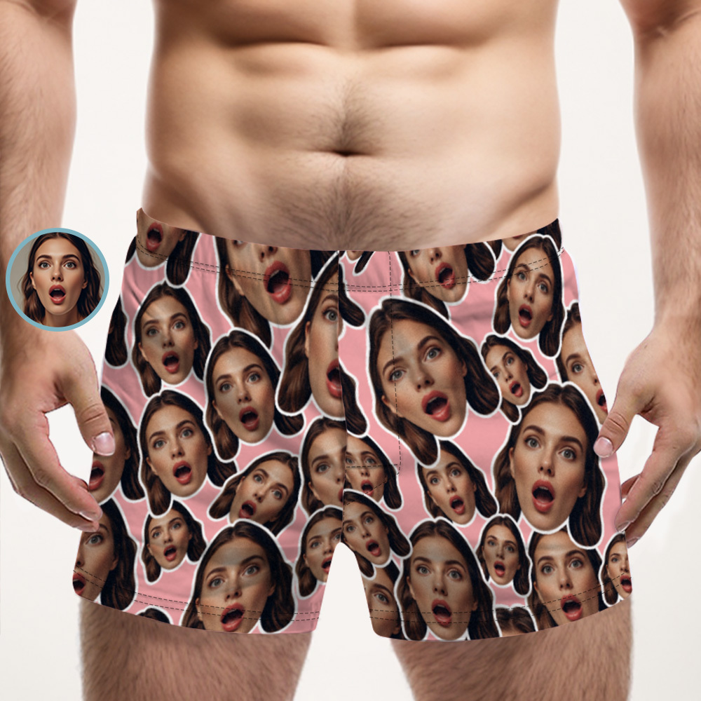 Custom Face Mash Blue Boxer Shorts Personalized Waistband Casual Underwear Valentine for Him - MyFaceSocks