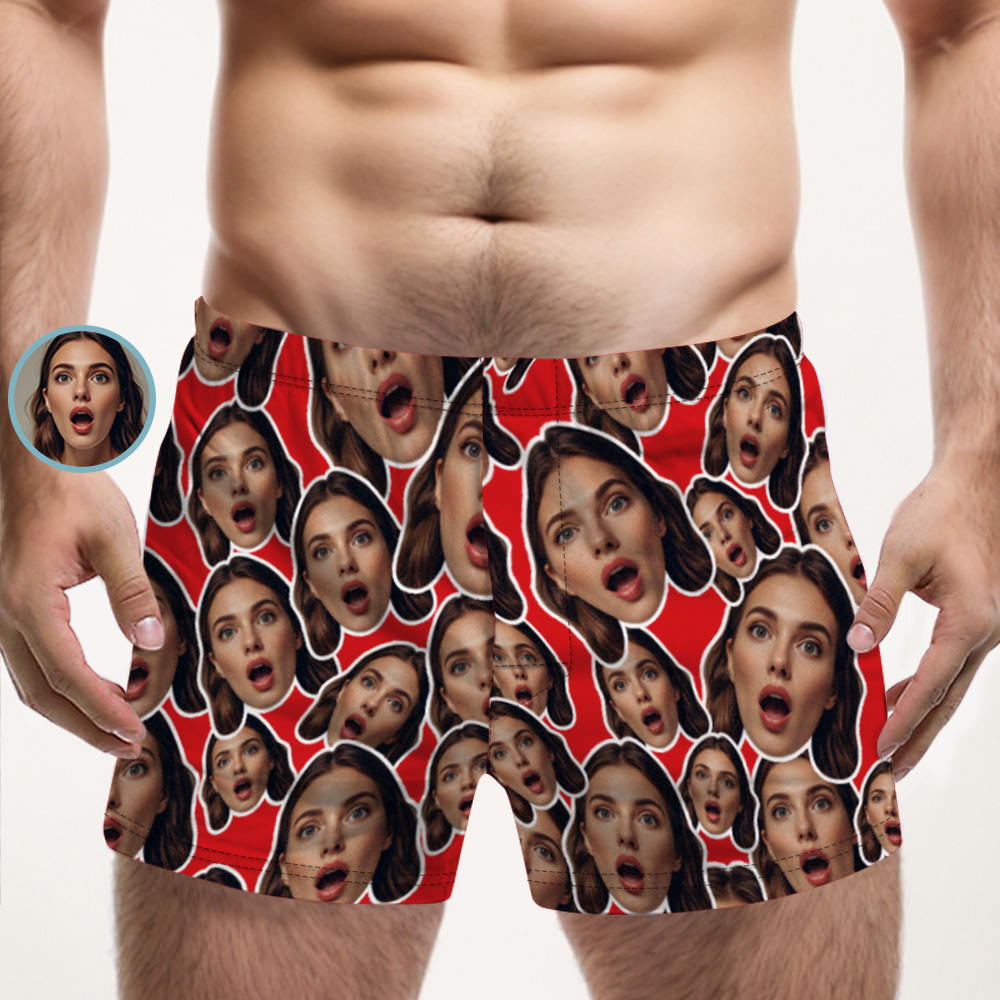 Custom Face Mash Blue Boxer Shorts Personalized Waistband Casual Underwear Valentine for Him - MyFaceSocks