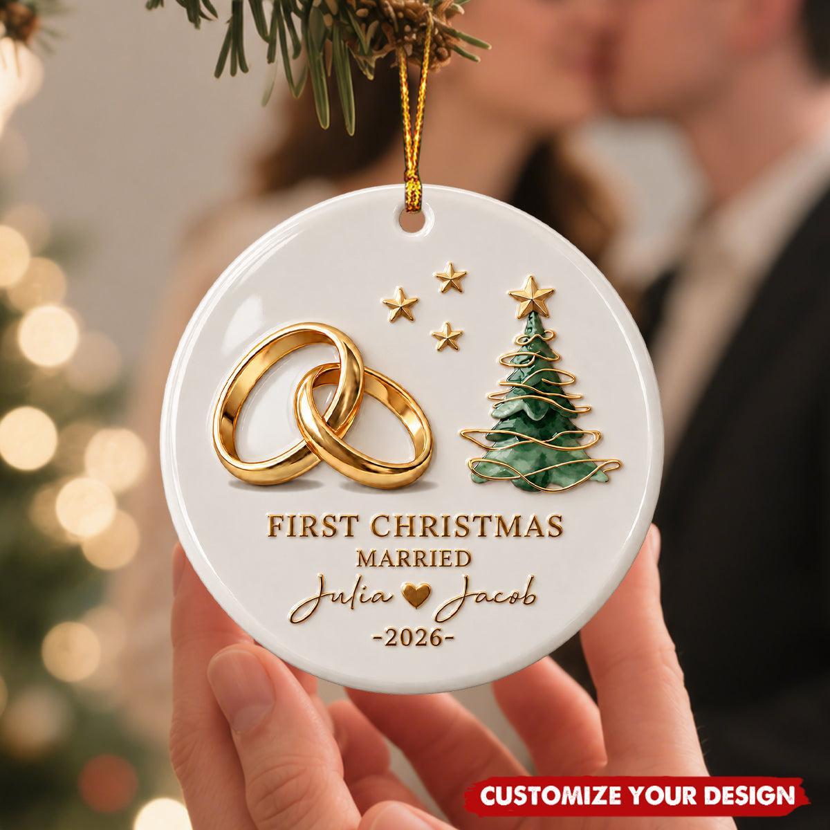 Personalized First Christmas Married Ornament for Newlyweds – Custom Name & Year Ceramic Tree Decoration Gift - MyFaceSocks