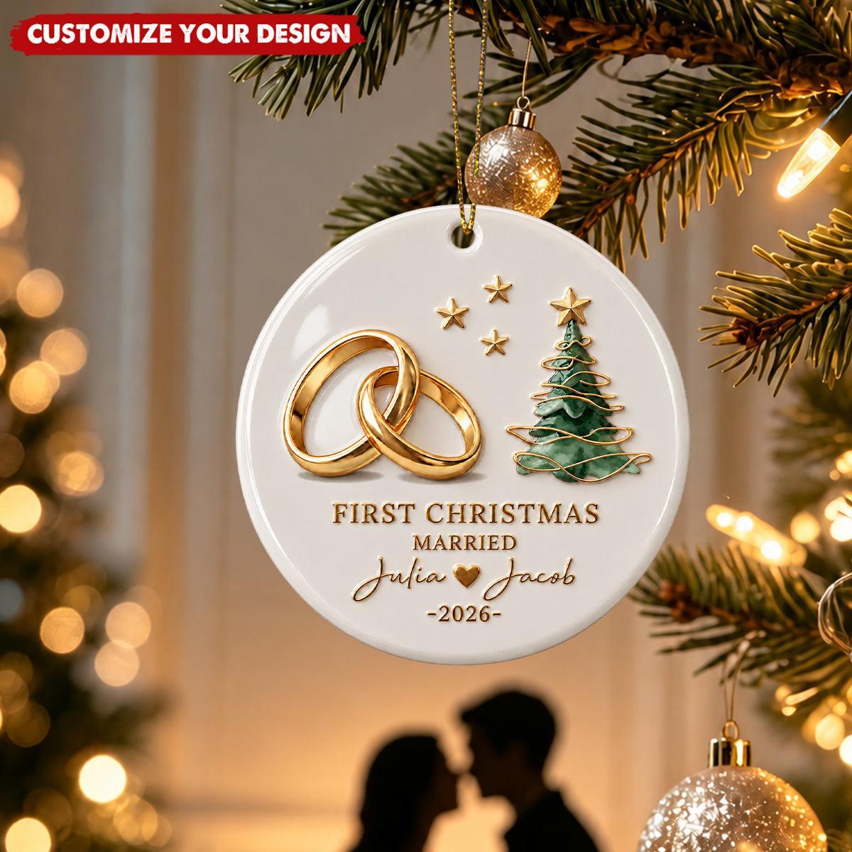 Personalized First Christmas Married Ornament for Newlyweds – Custom Name & Year Ceramic Tree Decoration Gift - MyFaceSocks