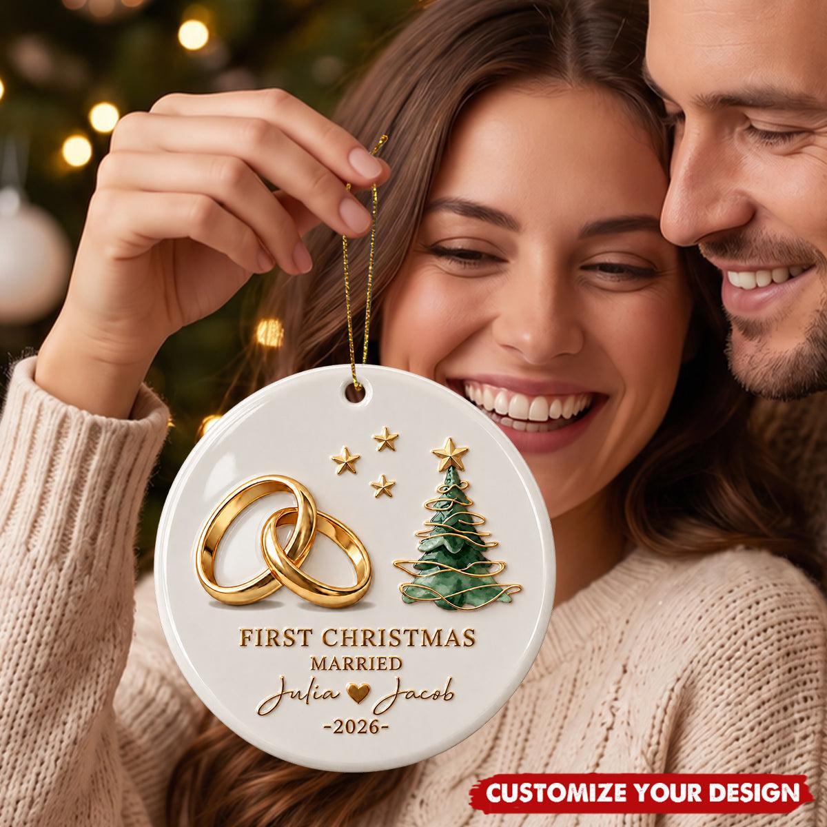 Personalized First Christmas Married Ornament for Newlyweds – Custom Name & Year Ceramic Tree Decoration Gift - MyFaceSocks