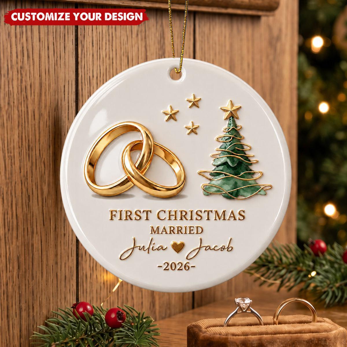 Personalized First Christmas Married Ornament for Newlyweds – Custom Name & Year Ceramic Tree Decoration Gift - MyFaceSocks