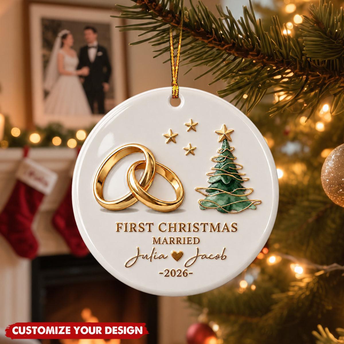 Personalized First Christmas Married Ornament for Newlyweds – Custom Name & Year Ceramic Tree Decoration Gift - MyFaceSocks