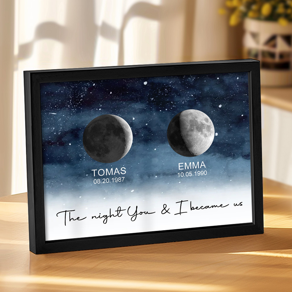 Custom Moon Phase Print Frame Personalized Moon Phase Wooden Frame Ornaments Anniversary Gifts for Her Him - MyFaceSocks