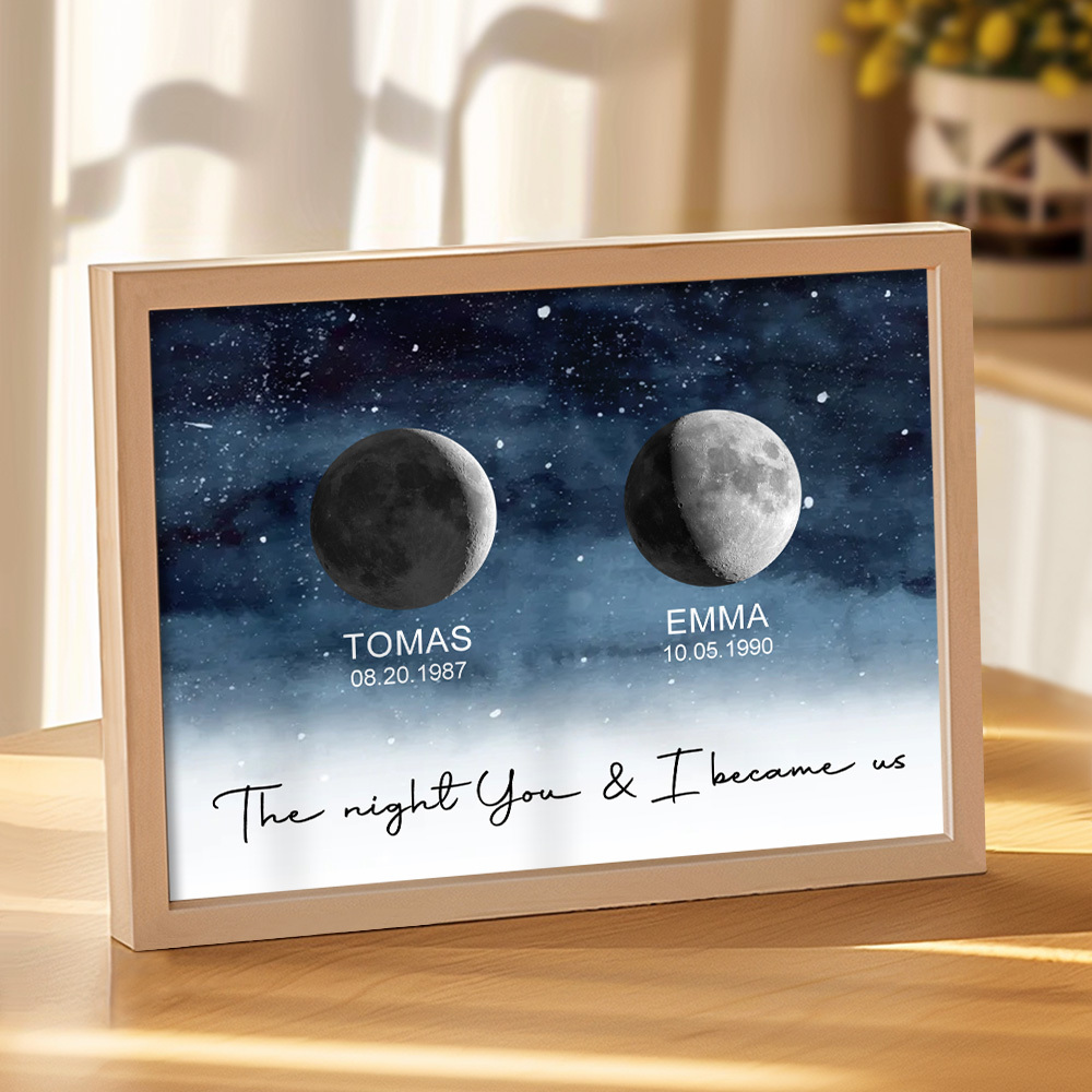 Custom Moon Phase Print Frame Personalized Moon Phase Wooden Frame Ornaments Anniversary Gifts for Her Him - MyFaceSocks