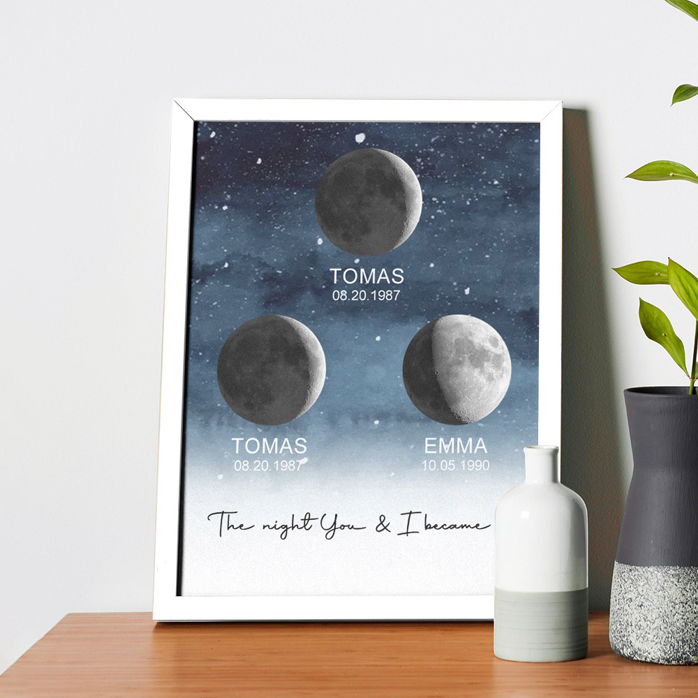 Custom Moon Phase Print Frame Personalized Moon Phase Wooden Frame Ornaments Anniversary Gifts for Her Him - MyFaceSocks
