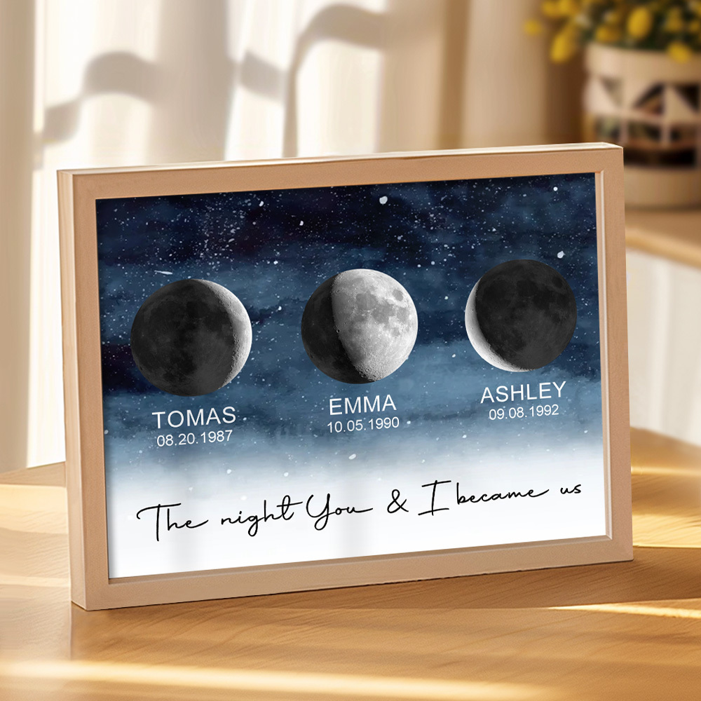 Custom Moon Phase Print Frame Personalized Moon Phase Wooden Frame Ornaments Anniversary Gifts for Her Him - MyFaceSocks