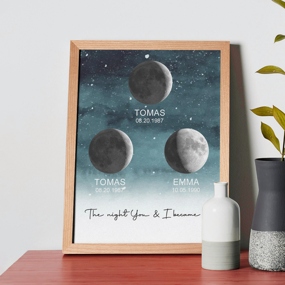 Custom Moon Phase Print Frame Personalized Moon Phase Wooden Frame Ornaments Anniversary Gifts for Her Him - MyFaceSocks