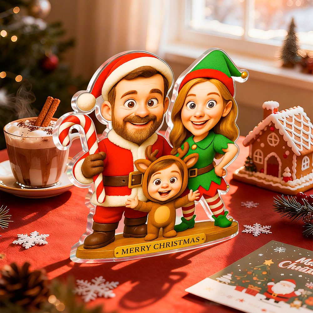 Personalized Family Christmas Caricature Portrait Acrylic Plaque 2D Look 3D Pop - MyFaceSocksUK