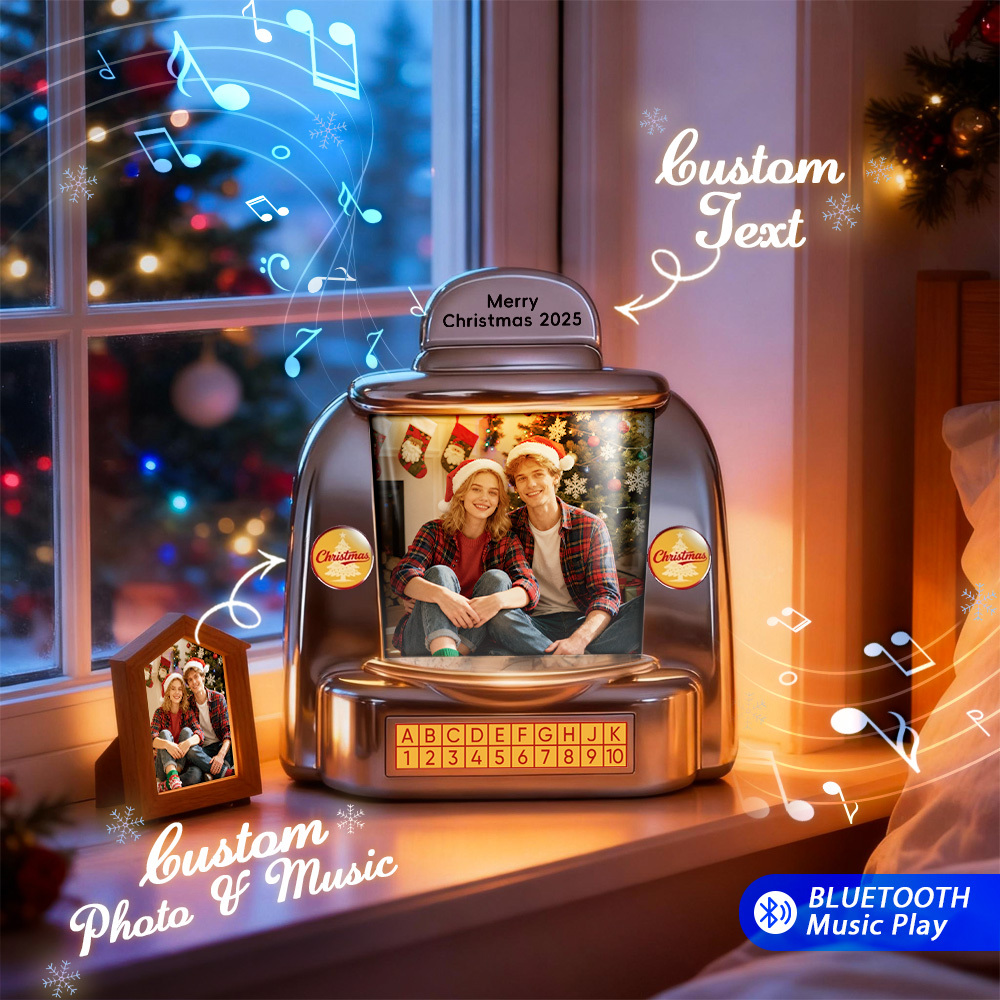 Custom Christmas Mini Jukebox Retro Speaker – Personalized Photo,Names & Date Music Mini Player with Radio | Vintage Tabletop Home Decor Nostalgic Christmas Retro Gifts - MyFaceSocks