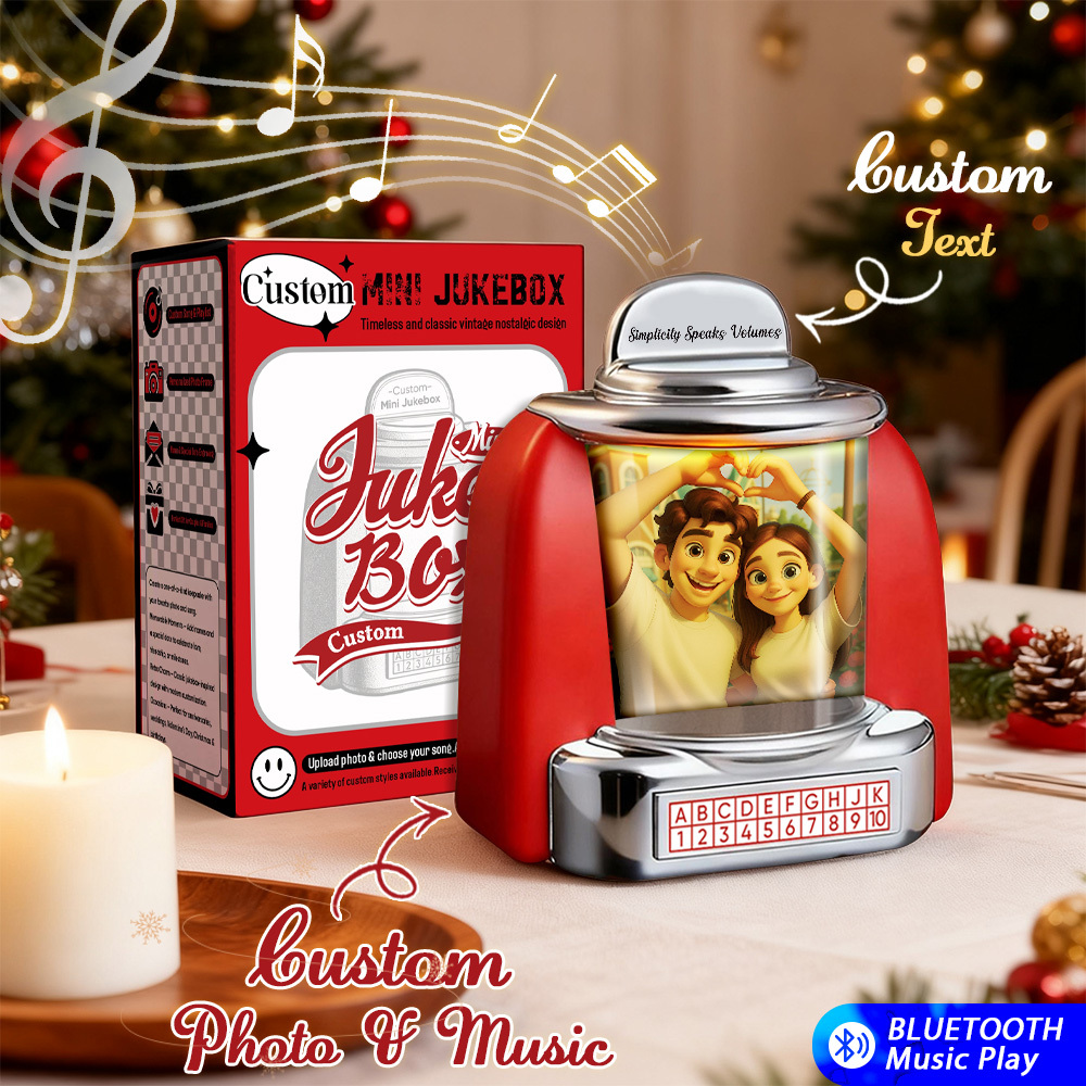 Custom Mini Jukebox Retro Speaker - Personalized Neon Light Portrait Photo Music Mini Player with Radio | Vintage Tabletop Home Decor Nostalgic Christmas Retro Gifts - MyFaceSocks