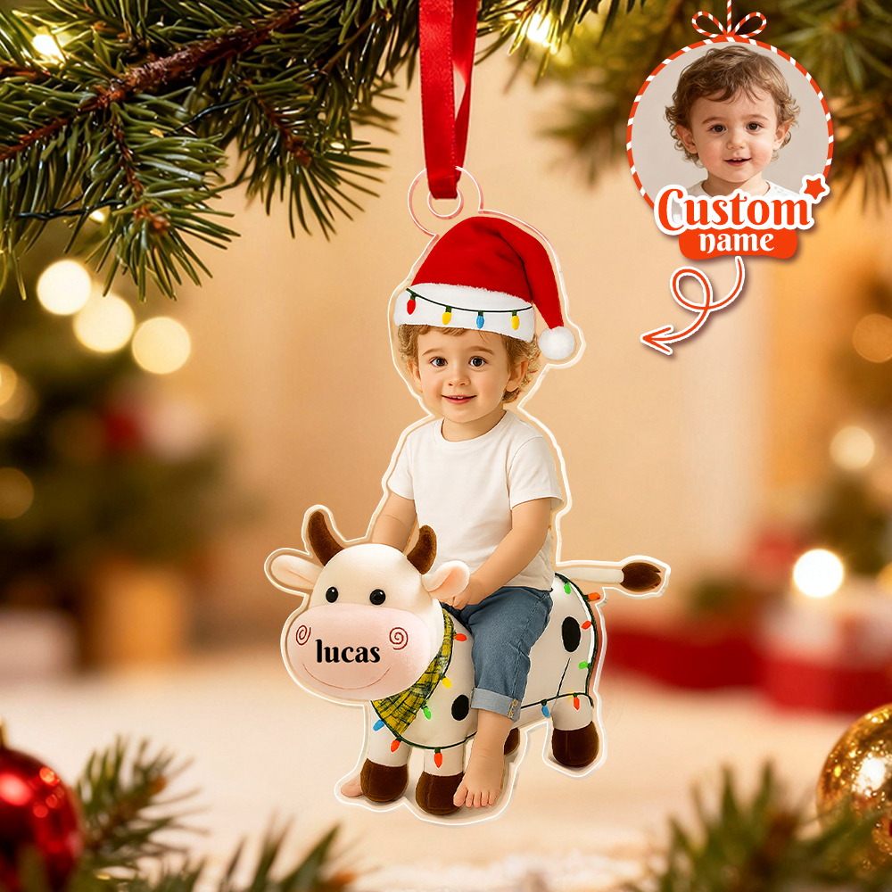 Personalized Name Cow With Kid Acrylic Ornaments, Custom Photo Cow Kid Acrylic Ornaments, Acrylic Holiday Gift Ornaments,Xmas Keepsake Gifts - MyFaceSocks