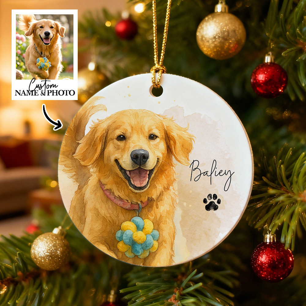 Custom Watercolor Pet Photo Ceramic Ornament Double-Sided Personalized Christmas Pet Ornament Christmas Decoration Gift