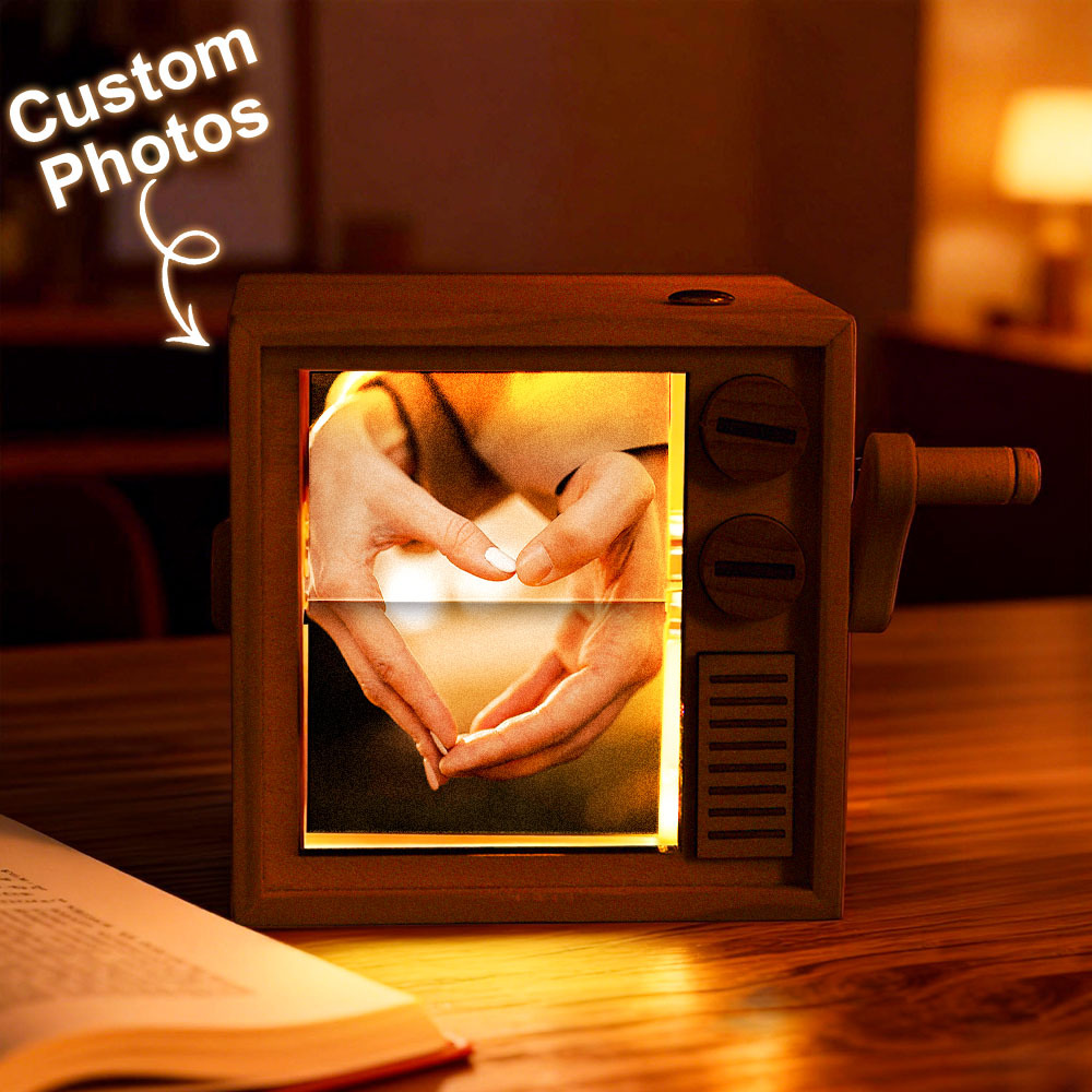 Custom Photo Flipbook Frame Animation Machine Mechanical Hand-cranked Flipbook Box with Light Black Walnut Valentine's Day Gifts - MyFaceSocks