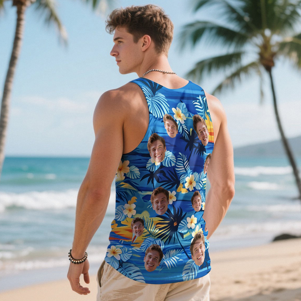Custom Funny Face Hawaii Tank Tops Tropical Palm Leaves Summer Hawaiian Blue Tank Tops For Men - MyFaceSocks