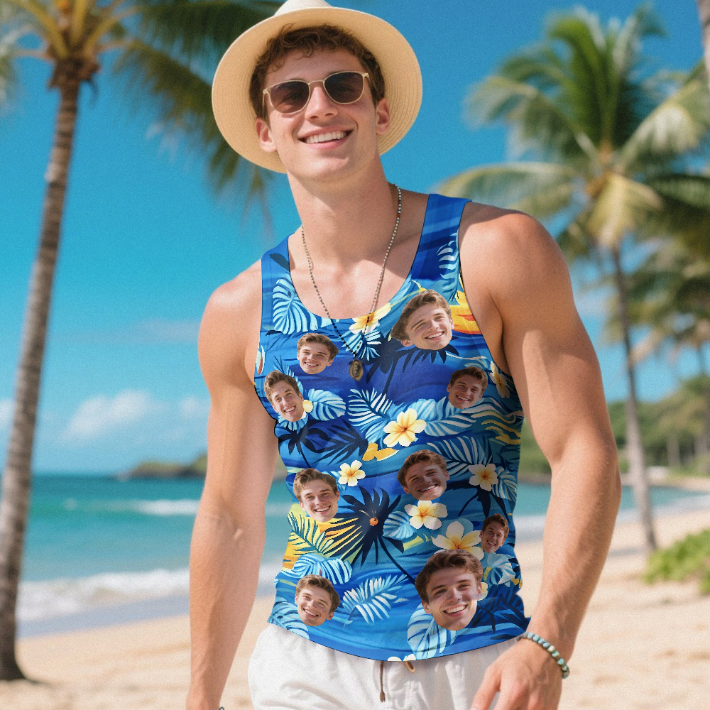 Custom Funny Face Hawaii Tank Tops Tropical Palm Leaves Summer Hawaiian Blue Tank Tops For Men - MyFaceSocks