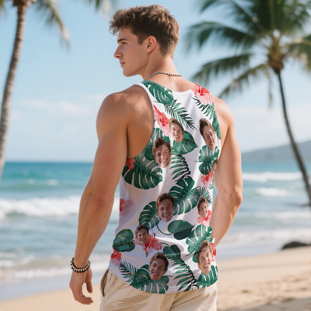 Custom Funny Face Hawaii Tank Tops Tropical Palm Leaves Summer Hawaiian Blue Tank Tops For Men - MyFaceSocks