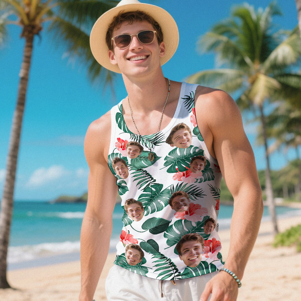 Custom Funny Face Hawaii Tank Tops Tropical Palm Leaves Summer Hawaiian Blue Tank Tops For Men - MyFaceSocks