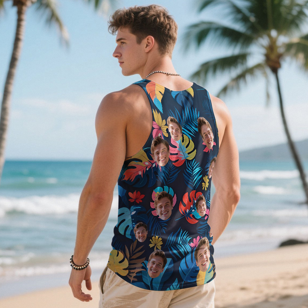 Custom Funny Face Hawaii Tank Tops Tropical Palm Leaves Summer Hawaiian Blue Tank Tops For Men - MyFaceSocks