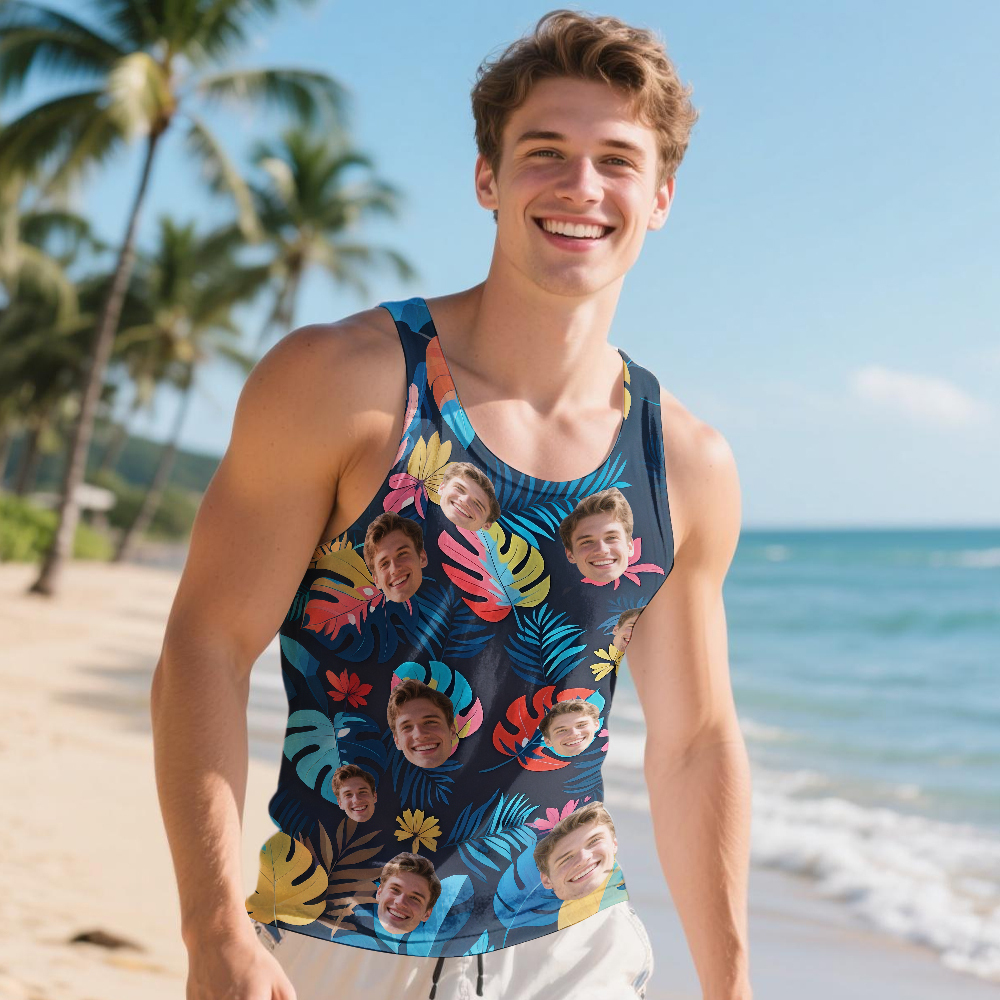 Custom Funny Face Hawaii Tank Tops Tropical Palm Leaves Summer Hawaiian Blue Tank Tops For Men - MyFaceSocks