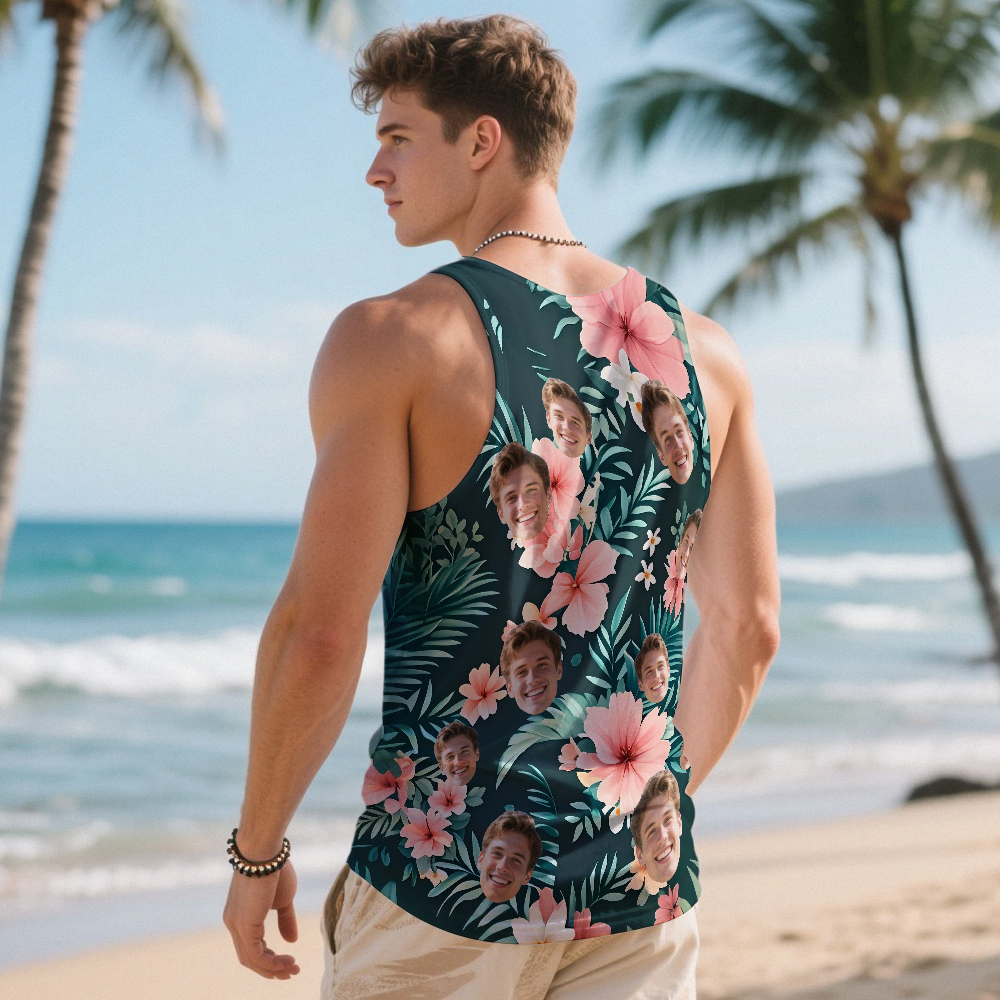 Custom Funny Face Hawaii Tank Tops Tropical Palm Leaves Summer Hawaiian Blue Tank Tops For Men - MyFaceSocks