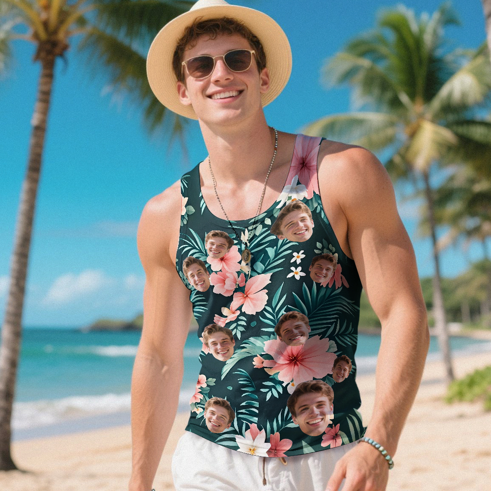 Custom Funny Face Hawaii Tank Tops Tropical Palm Leaves Summer Hawaiian Blue Tank Tops For Men - MyFaceSocks