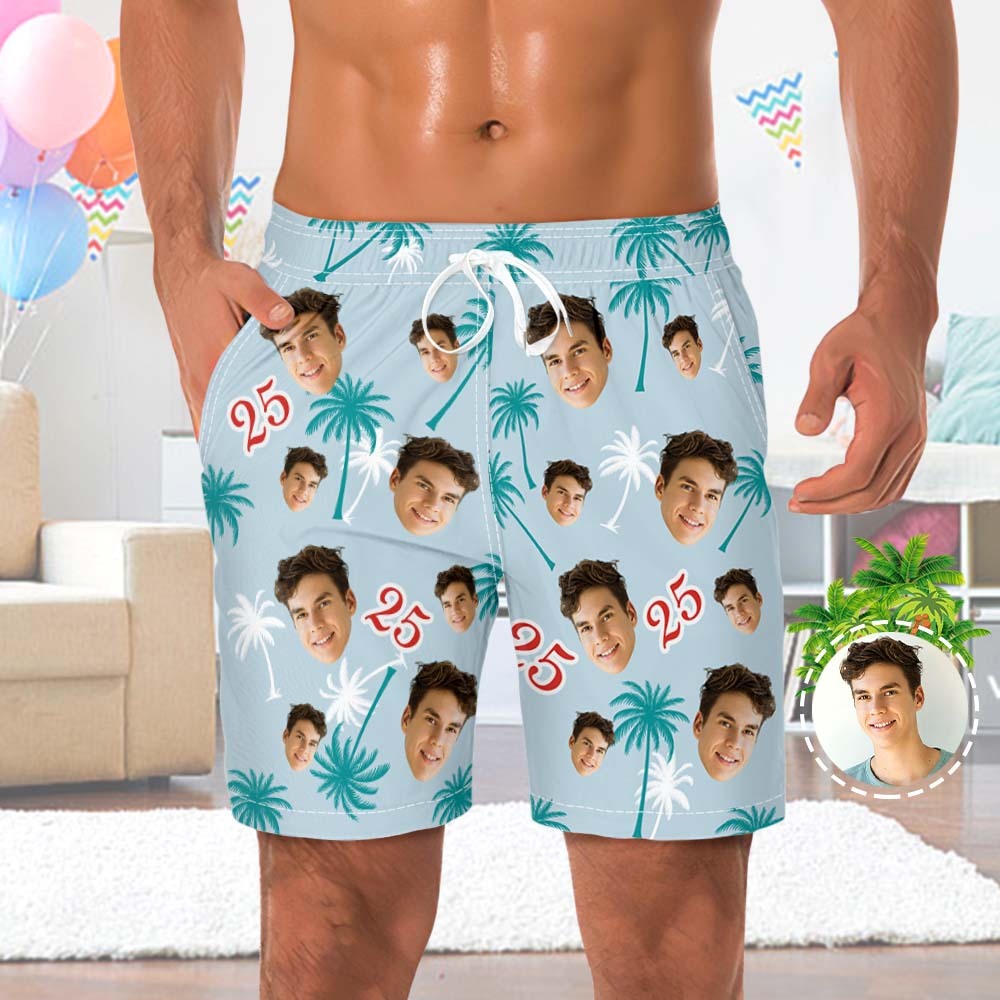 Custom Face And Number Birthday Beach Shorts Red And White Coconut Tree Beach Trunks - MyFaceSocks