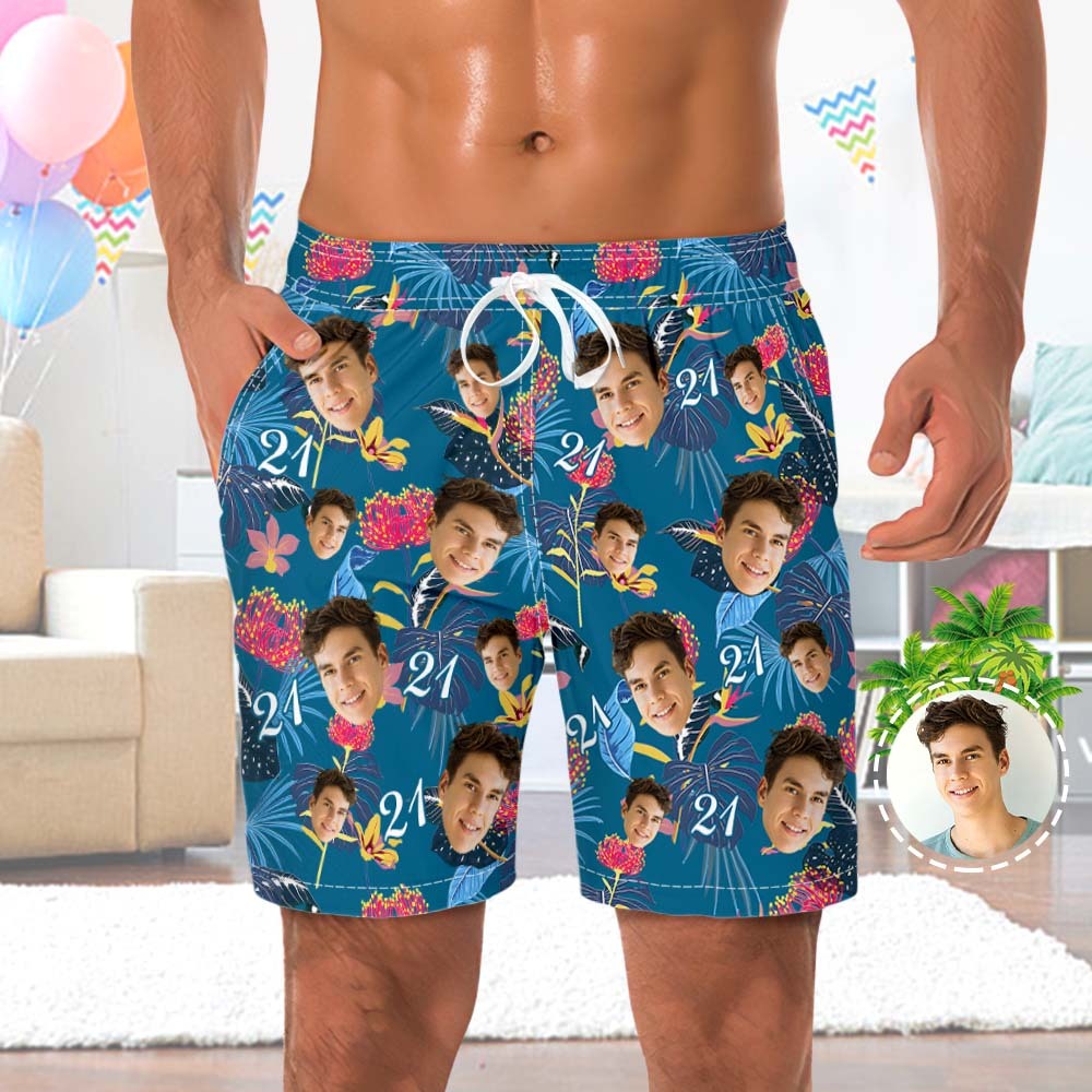 Custom Face Beach Shorts Number And Face Beach Shorts Dark Blue Sleeves And Pink Flowers - MyFaceSocks