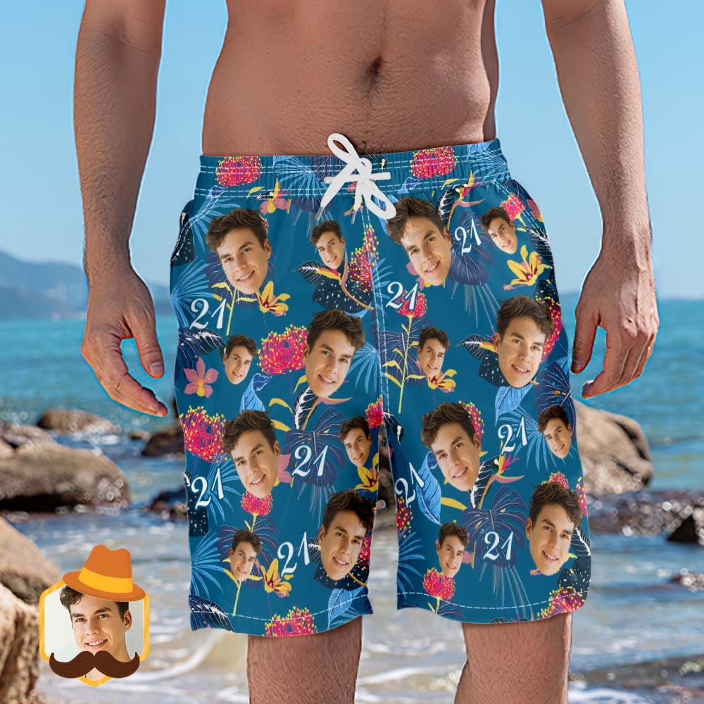 Custom Face Beach Shorts Number And Face Beach Shorts Dark Blue Sleeves And Pink Flowers - MyFaceSocks
