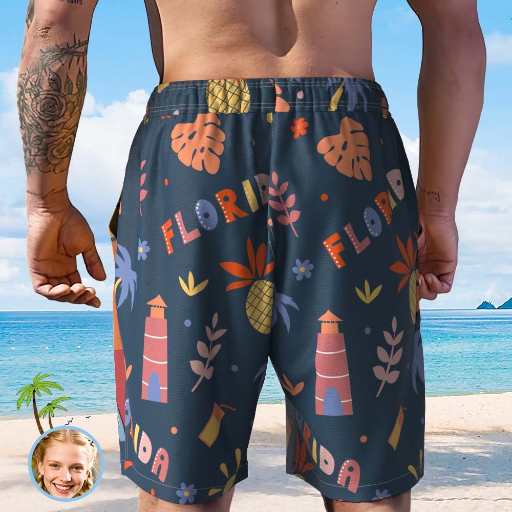 Personalized Face Beach Short Custom Photo Swim Trunks Shark Tropical Print Shorts - MyFaceSocks