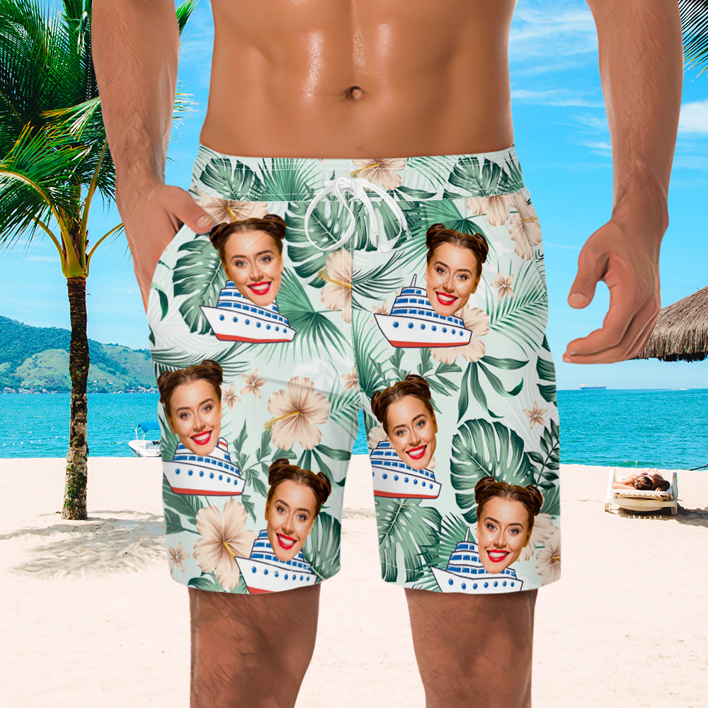 Custom Photo Cruise Ship Beach Shorts Gift For Traveling Lovers Personalized Green Leaves Face Beach Shorts