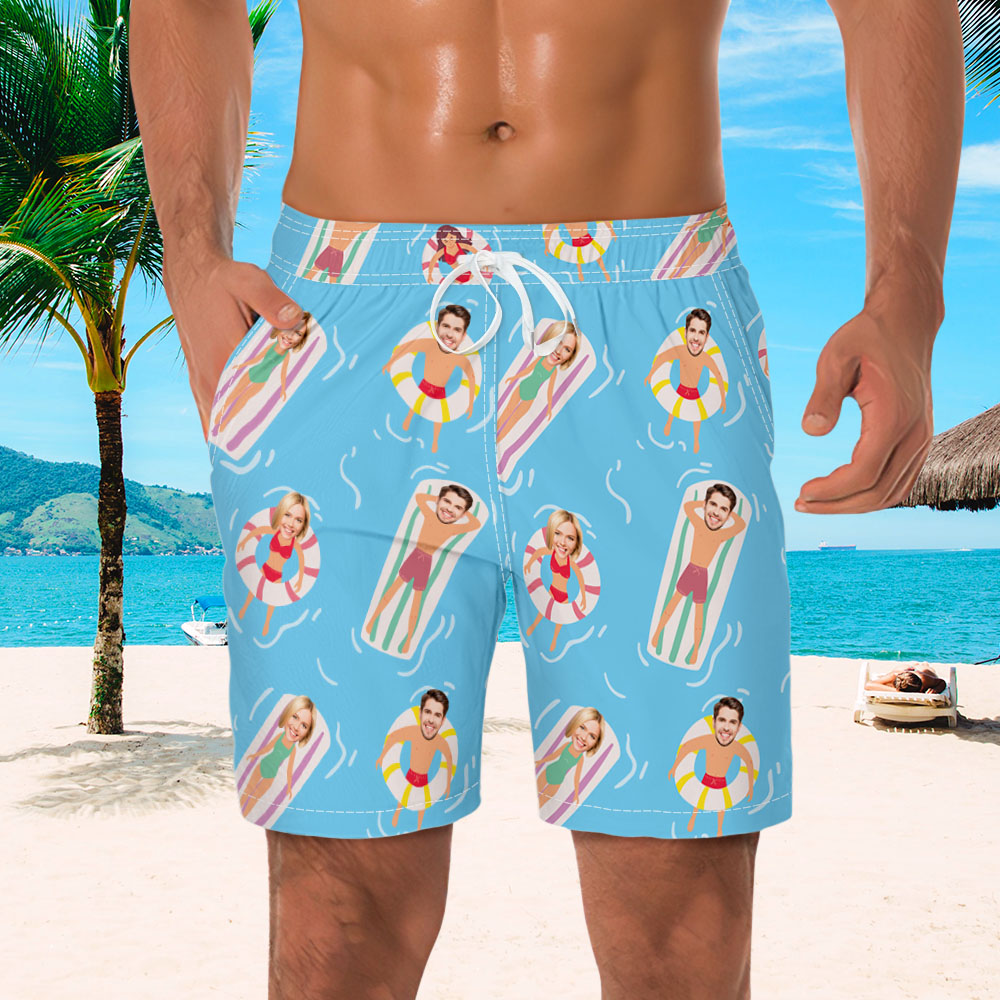 Custom Light Blue Face Mens Swim Trunks Personalized Tropical Swim Shorts Bathing Suit