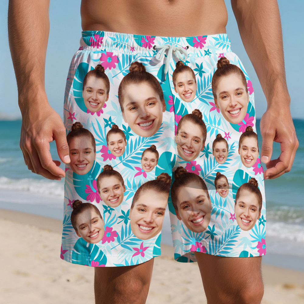 Personalized Face Mens Swim Trunks Custom Summer Hawaiian Tropical Swim Shorts Vocation Gift