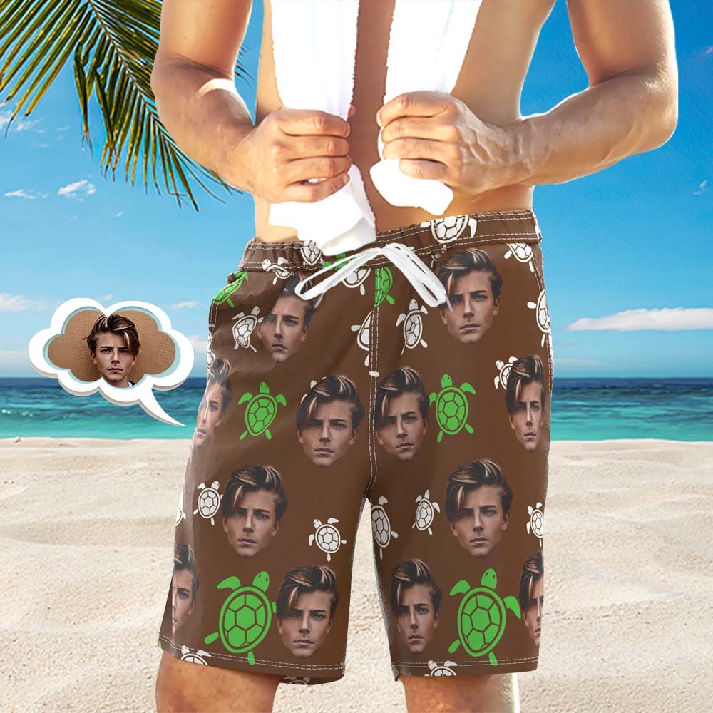 Men's Custom Face Shorts Custom Photo Beach Shorts Little Turtle Design - MyFaceSocks