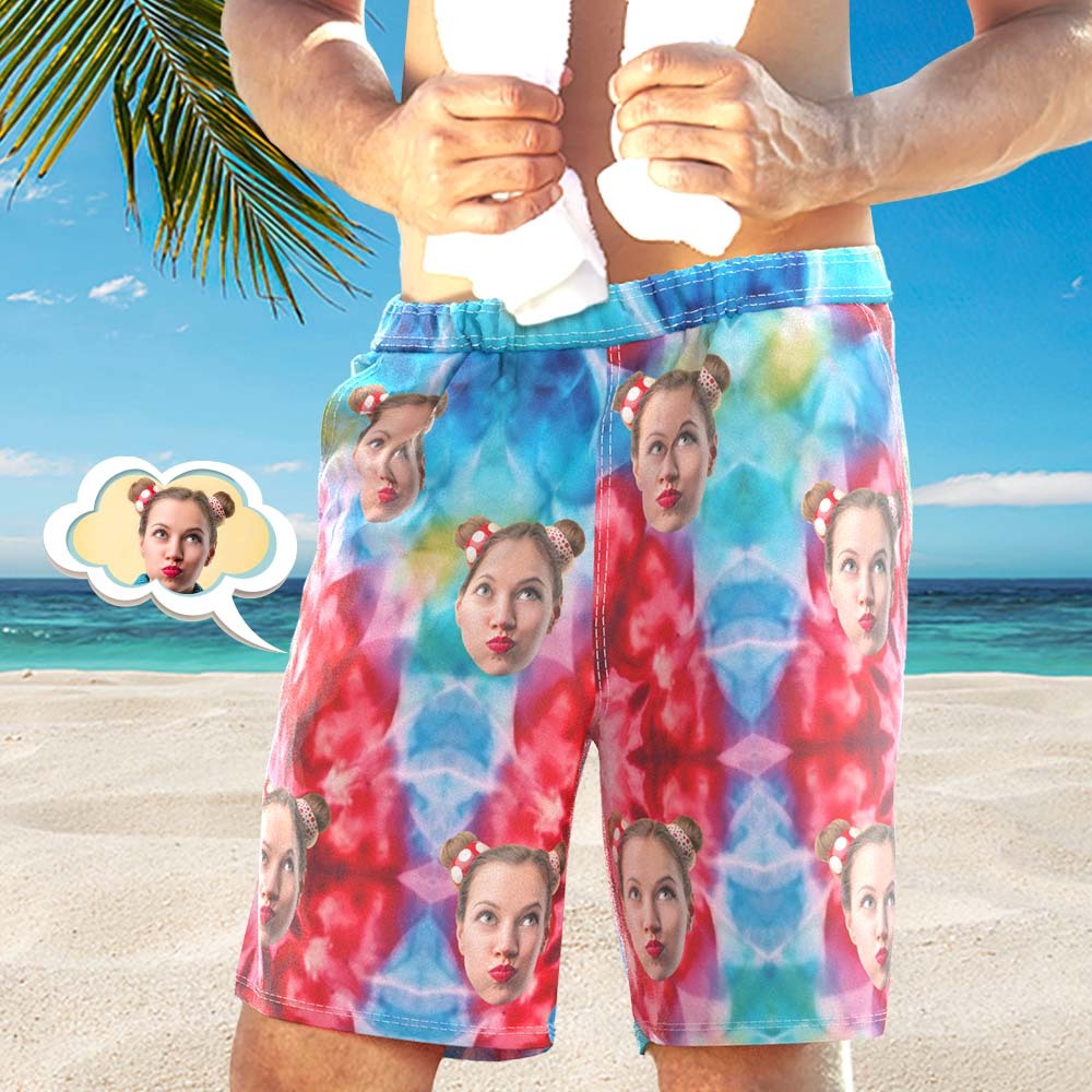 Custom Face Photo Men's Swim Trunk Water Shorts Summer Tie Dye Red - MyFaceSocks